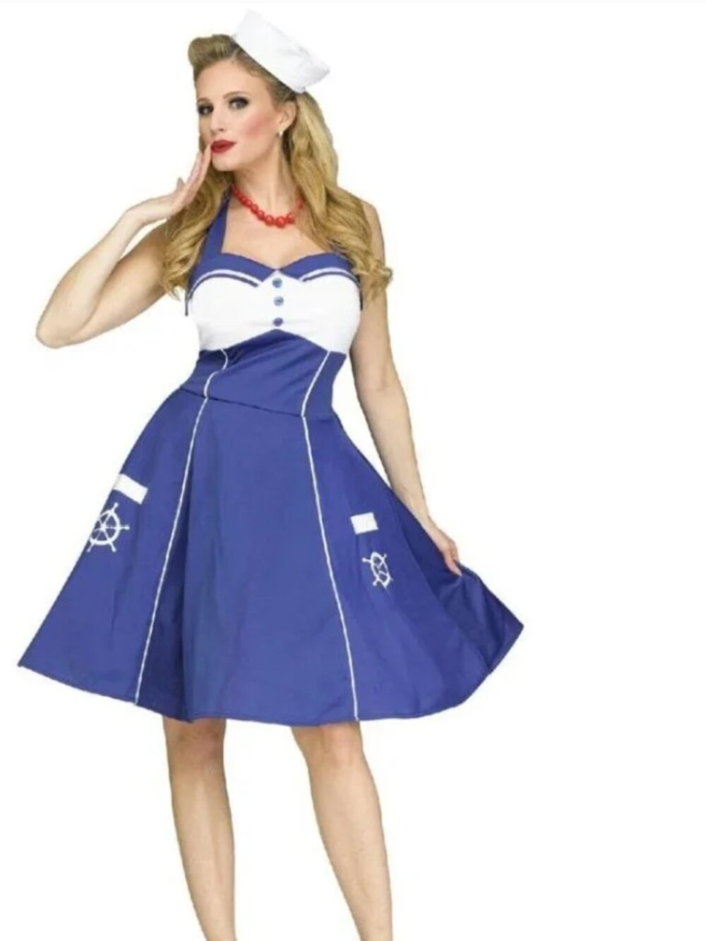 Sweet Sailor Halloween Costume M/L Blue White Dress & Cap Party Womens